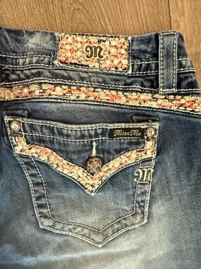 Miss Me Dark Blue bootcut Jeans with Coral and Cream Embellished Trim